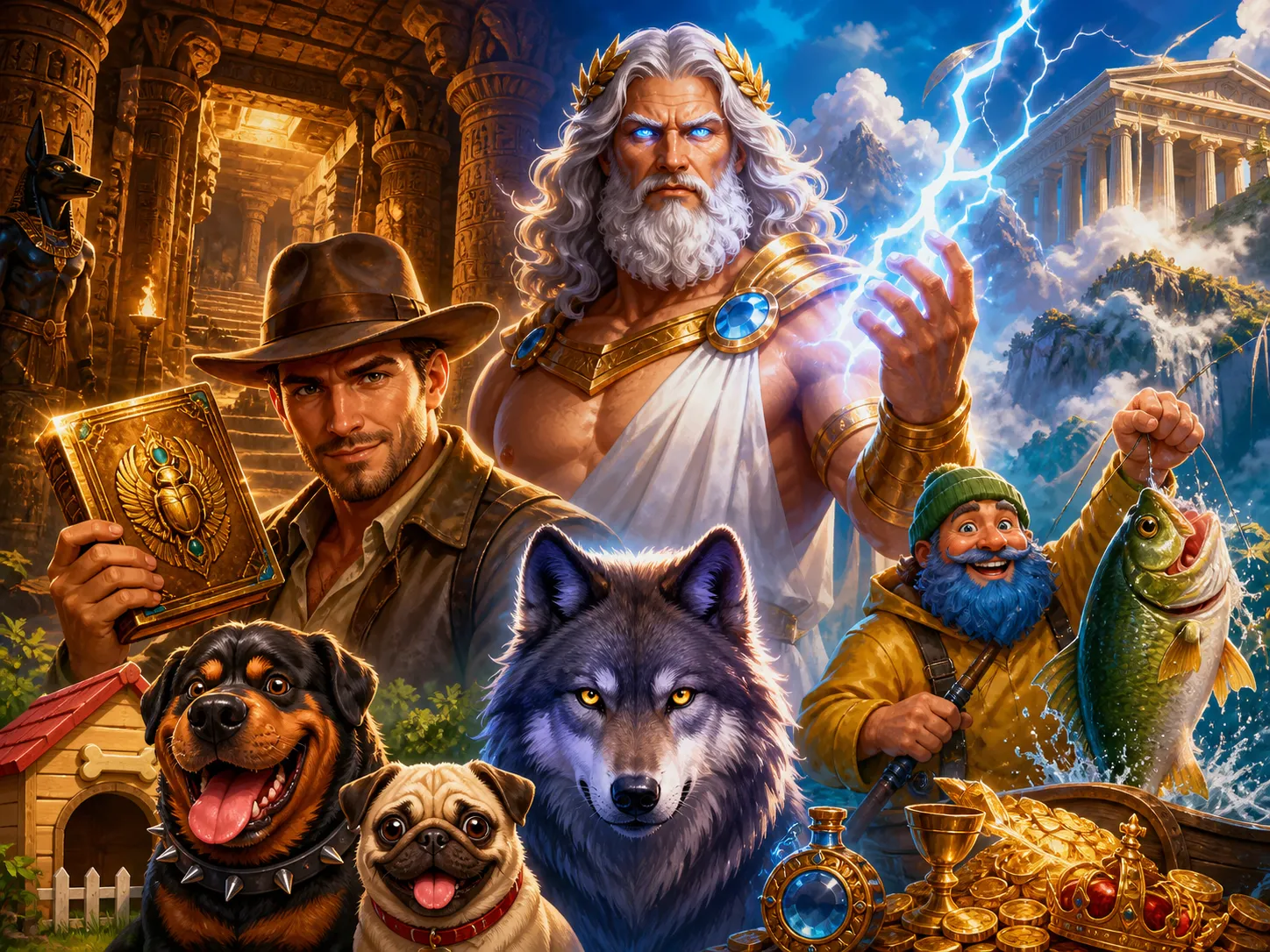Colorful promotional artwork featuring characters and environments from fantasy slot games with vibrant lighting.